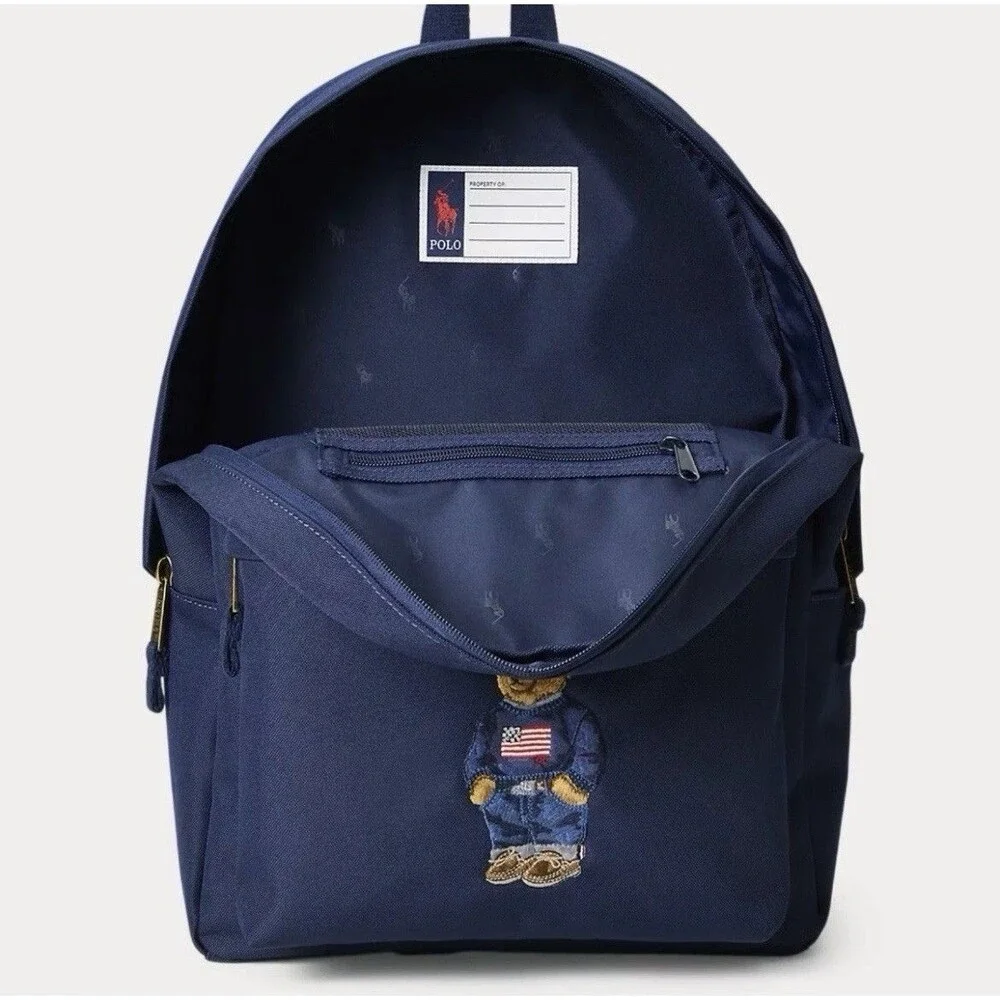 Polo Ralph Lauren Backpack Full Size Laptop Unisex Navy Blue Bear School Bag